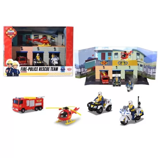 Pista de masini Dickie Toys Fireman Sam, Sam Fire Rescue Team cu 3 masinute, 1 elicopter si 2 figurine Pista de masini Dickie Toys Fireman Sam, Sam Fire Rescue Team cu 3 masinute, 1 elicopter si 2 figurine