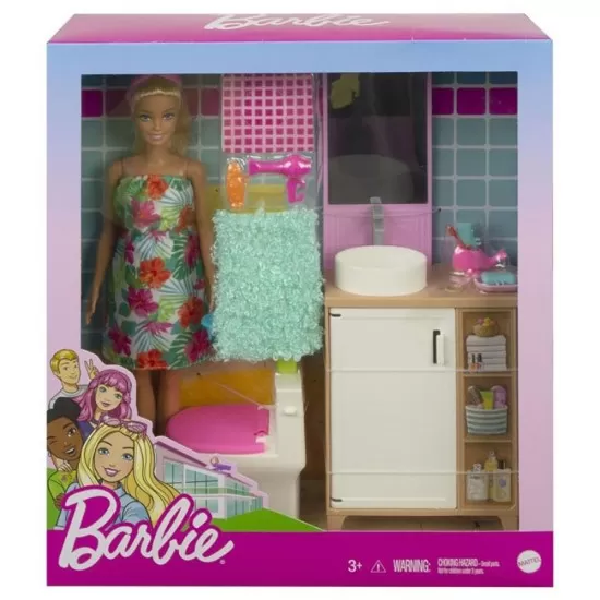 Set Barbie Mattel - Mobilier baie cu papusa si accesorii GRG87 Set Barbie Mattel - Mobilier baie cu papusa si accesorii GRG87