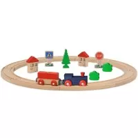 Set din lemn Eichhorn Tren albastru cu sina circulara si accesorii