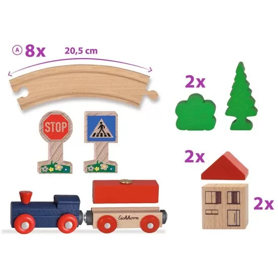 Set din lemn Eichhorn Tren albastru cu sina circulara si accesorii Set din lemn Eichhorn Tren albastru cu sina circulara si accesorii