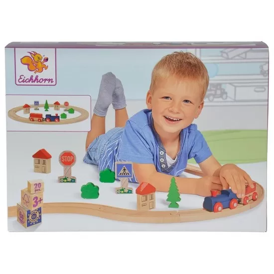 Set din lemn Eichhorn Tren albastru cu sina circulara si accesorii Set din lemn Eichhorn Tren albastru cu sina circulara si accesorii