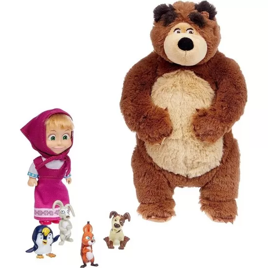 Set Simba Masha and the Bear Masha 12 cm cu ursulet de plus 25 cm si 4 animale Set Simba Masha and the Bear Masha 12 cm cu ursulet de plus 25 cm si 4 animale