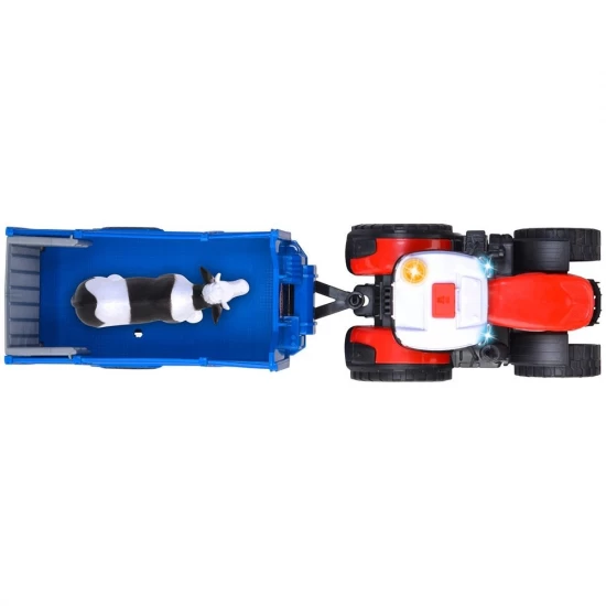Tractor Dickie Toys Massey Ferguson Animal Trailer 26 cm cu lumini, sunete, remorca si figurina vaca Tractor Dickie Toys Massey Ferguson Animal Trailer 26 cm cu lumini, sunete, remorca si figurina vaca