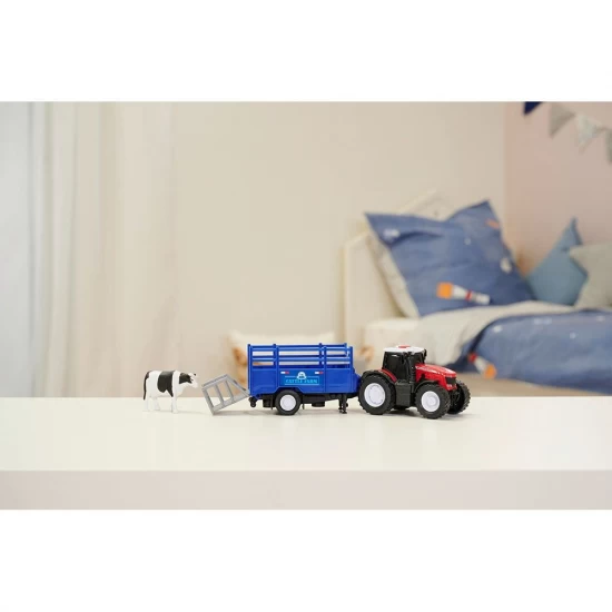 Tractor Dickie Toys Massey Ferguson Animal Trailer 26 cm cu lumini, sunete, remorca si figurina vaca Tractor Dickie Toys Massey Ferguson Animal Trailer 26 cm cu lumini, sunete, remorca si figurina vaca