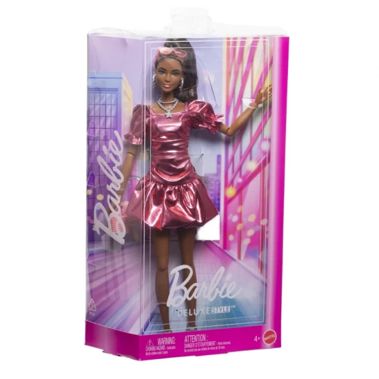 Papusa Barbie Deluxe Style cu rochie roz metalizat coral Papusa Barbie Deluxe Style cu rochie roz metalizat coral