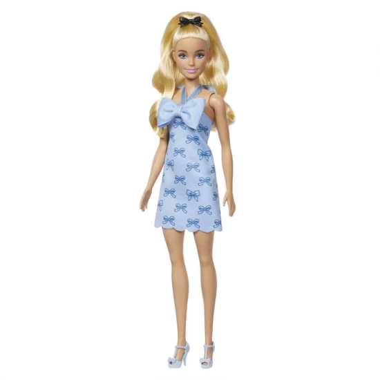 Papusa Barbie Fashionistas blonda cu rochie albastra cu fundite Papusa Barbie Fashionistas blonda cu rochie albastra cu fundite
