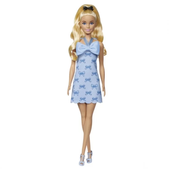 Papusa Barbie Fashionistas blonda cu rochie albastra cu fundite Papusa Barbie Fashionistas blonda cu rochie albastra cu fundite