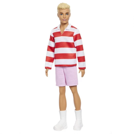 Papusa Ken Barbie Fashionistas blond cu bluza polo dungi rosii albe Papusa Ken Barbie Fashionistas blond cu bluza polo dungi rosii albe