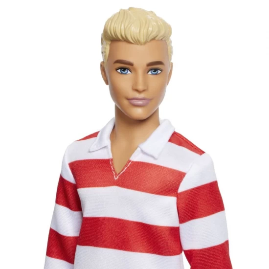 Papusa Ken Barbie Fashionistas blond cu bluza polo dungi rosii albe Papusa Ken Barbie Fashionistas blond cu bluza polo dungi rosii albe