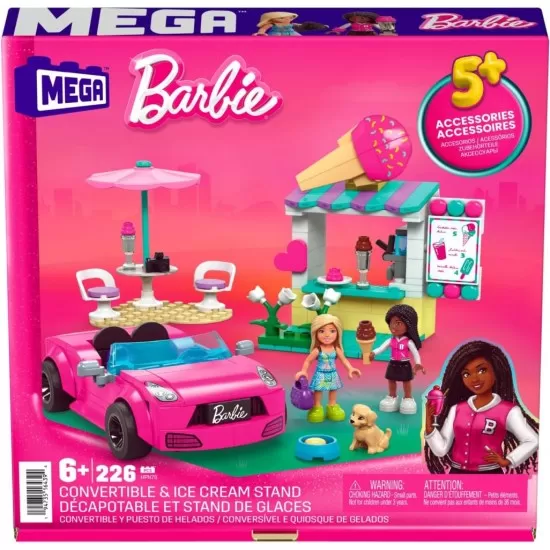 Set de joaca Barbie Mega Bloks cu masina decapotabila si stand de inghetata 226 piese Set de joaca Barbie Mega Bloks cu masina decapotabila si stand de inghetata 226 piese