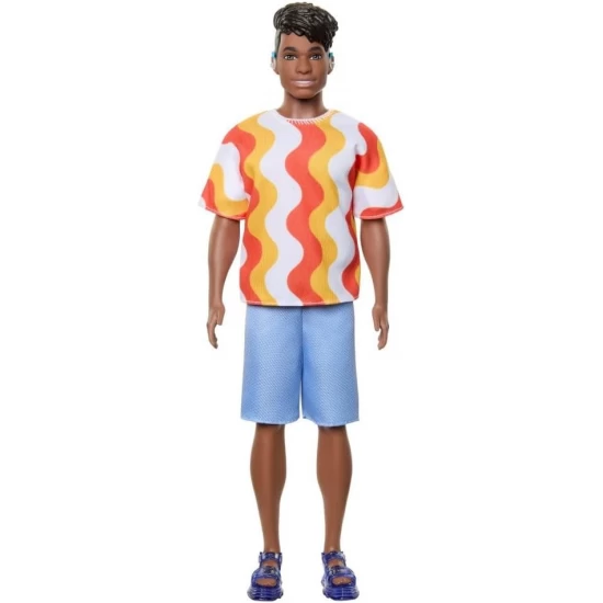 Papusa baiat Barbie Fashionistas cu tricou cu dungi albe si portocalii si aparat auditiv