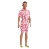 Papusa baiat Barbie Fashionistas in salopeta stil hawaian si sandale verzi