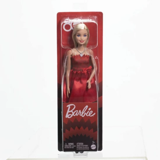 Papusa Barbie blonda cu rochie rosie rubin - Colectie aniversara 80 de ani Papusa Barbie blonda cu rochie rosie rubin - Colectie aniversara 80 de ani