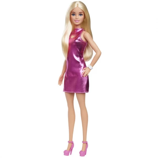 Papusa Barbie Fashionistas blonda cu rochita roz metalica Papusa Barbie Fashionistas blonda cu rochita roz metalica