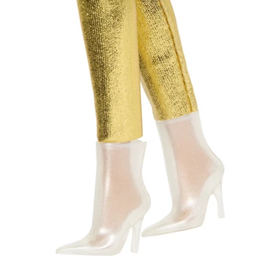 Papusa Barbie Fashionistas blonda cu salopeta aurie Papusa Barbie Fashionistas blonda cu salopeta aurie