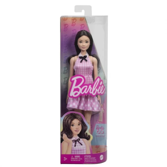 Papusa Barbie Fashionistas bruneta cu rochie roz in carouri