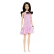 Papusa Barbie Fashionistas bruneta cu rochie roz in carouri