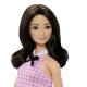 Papusa Barbie Fashionistas bruneta cu rochie roz in carouri