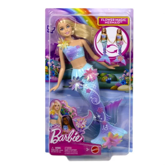 Papusa Barbie Sirena Magica cu Flori, par blond si coada albastra