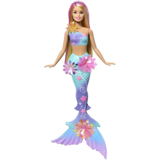 Papusa Barbie Sirena Magica cu Flori, par blond si coada albastra