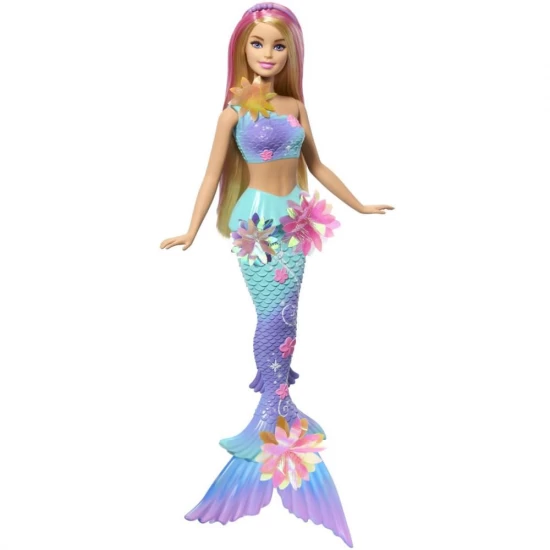 Papusa Barbie Sirena Magica cu Flori, par blond si coada albastra