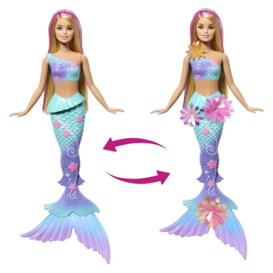 Papusa Barbie Sirena Magica cu Flori, par blond si coada albastra