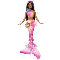 Papusa Sirena Magica cu Flori, par brunet si coada roz