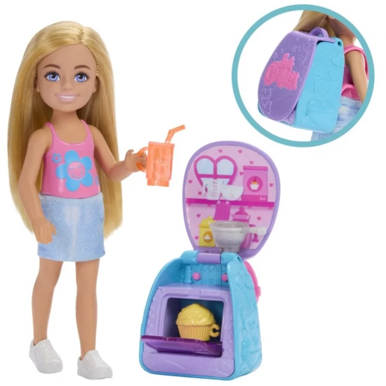 Papusa Barbie Chelsea cu rucsac pentru coacerea brioselor Papusa Barbie Chelsea cu rucsac pentru coacerea brioselor