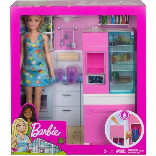 Set papusa Barbie blonda cu mobilier bucatarie Set papusa Barbie blonda cu mobilier bucatarie
