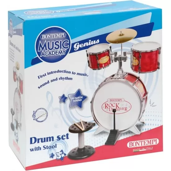 Set tobe de metal 4 piese cu scaunel Bontempi rosu Set tobe de metal 4 piese cu scaunel Bontempi rosu