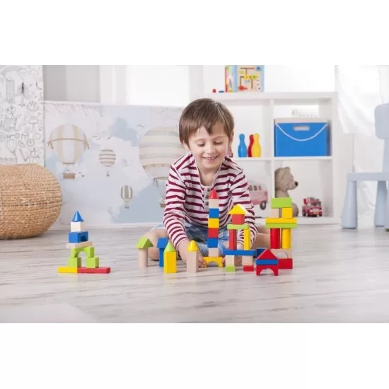 Set constructie 50 cuburi colorate din lemn Set constructie 50 cuburi colorate din lemn