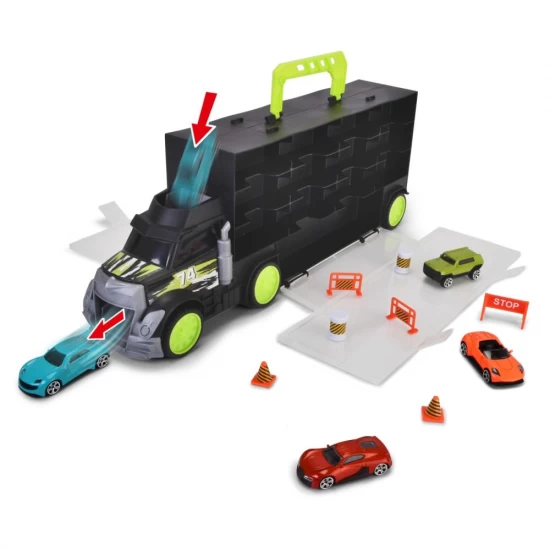Camion transportator 43 cm cu 4 masinute si accesorii Camion transportator 43 cm cu 4 masinute si accesorii