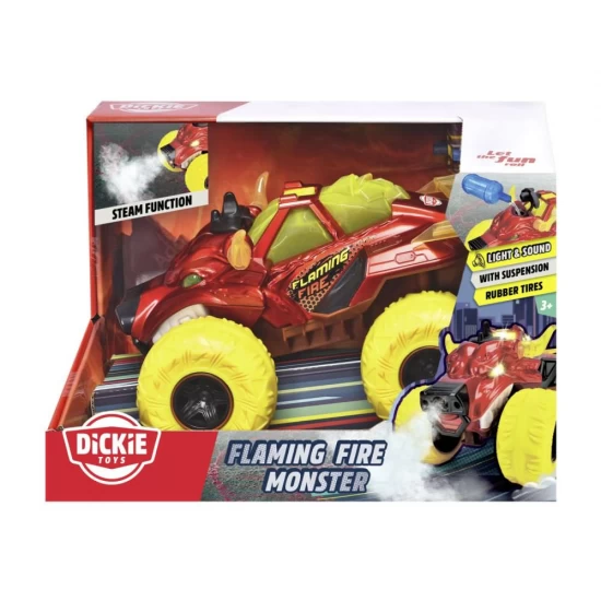 Masina de teren Flaming Fire Monster cu lumini, sunete, suspensii si functie abur 25 cm
