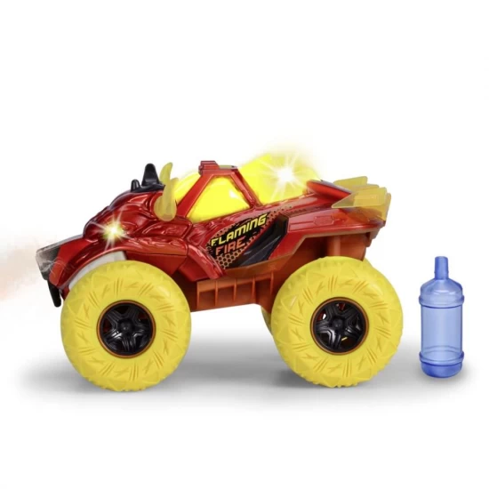 Masina de teren Flaming Fire Monster cu lumini, sunete, suspensii si functie abur 25 cm