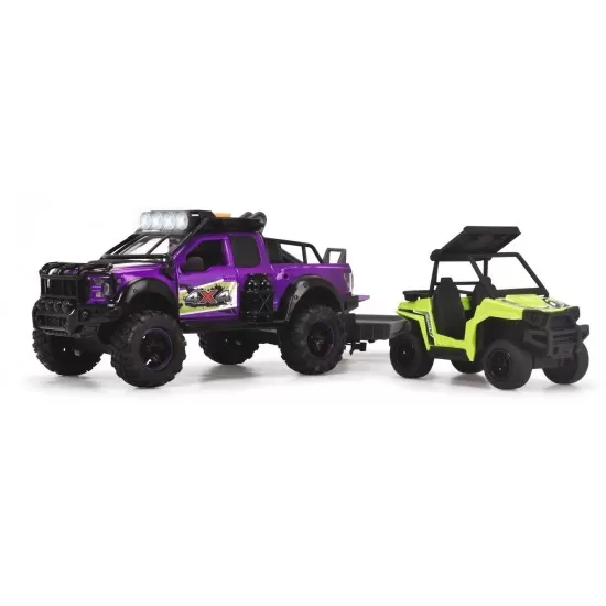 Set Dickie Toys Country Trail cu 2 masinute, motocicleta, figurina si remorca