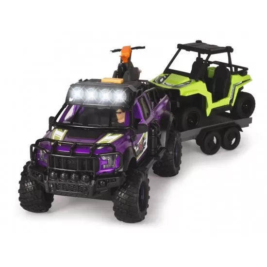 Set Dickie Toys Country Trail cu 2 masinute, motocicleta, figurina si remorca