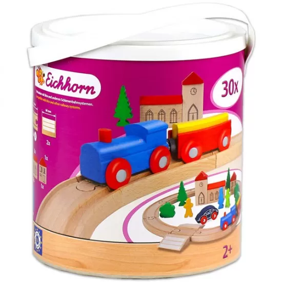 Set Trenulet cu sina din lemn in galetusa 30 piese Eichhorn