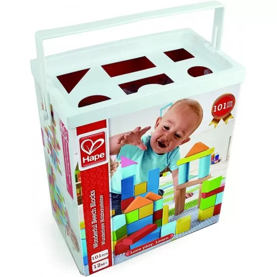 Set cuburi de lemn Hape 101 piese Set cuburi de lemn Hape 101 piese