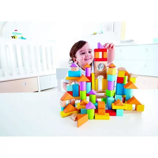 Set cuburi de lemn Hape 101 piese Set cuburi de lemn Hape 101 piese