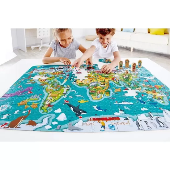 Puzzle 2 in 1 Hape 100 piese - Turul lumii Puzzle 2 in 1 Hape 100 piese - Turul lumii