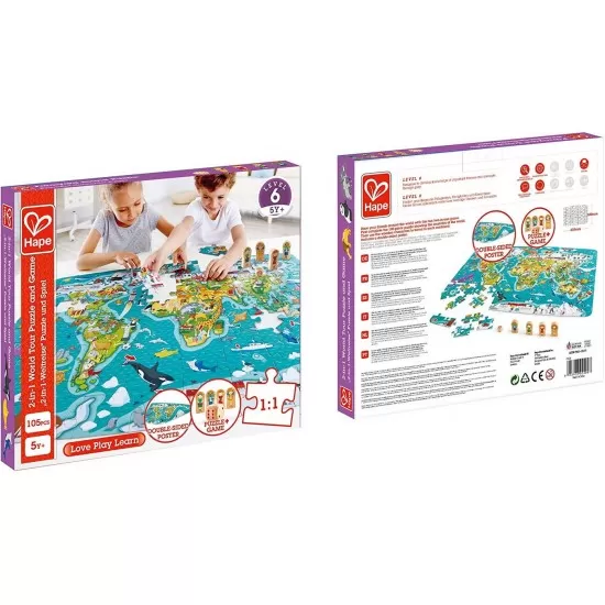 Puzzle 2 in 1 Hape 100 piese - Turul lumii Puzzle 2 in 1 Hape 100 piese - Turul lumii