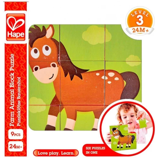 Puzzle din lemn ferma animalelor Hape 9 piese