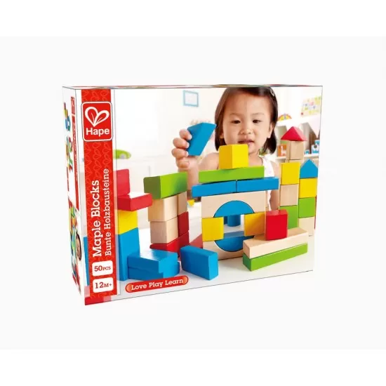 Set 50 cuburi de construit din lemn multicolor Hape
