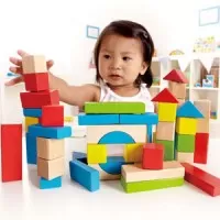 Set 50 cuburi de construit din lemn multicolor Hape
