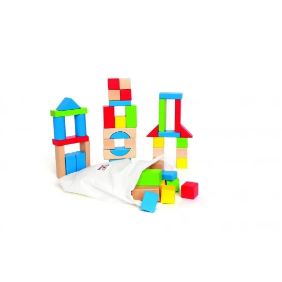 Set 50 cuburi de construit din lemn multicolor Hape