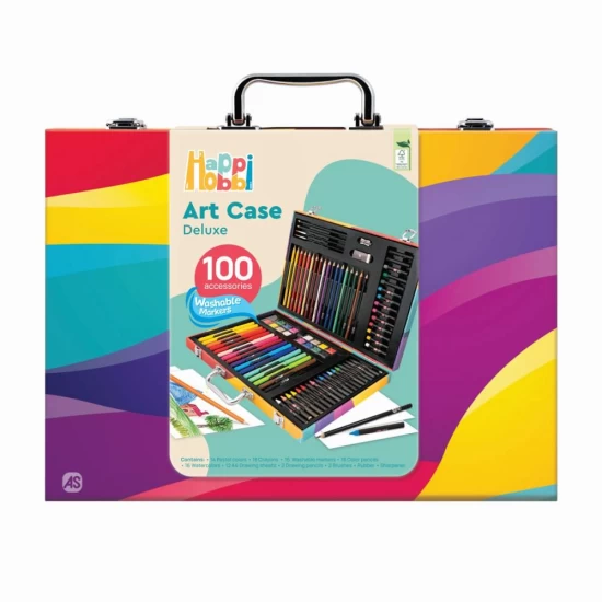 Set de desen Happi Hobbi Art Case Deluxe cu 100 de accesorii curcubeu