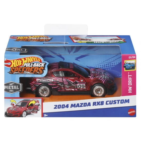 Masinuta metalica Hot Wheels cu sistem pull back Mazda 2004 RX8 Custom scara 1:43