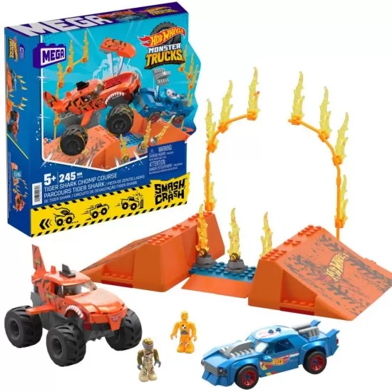 Set constructie cursa Tiger Shark Chomp Hot Wheels Monster Truck Mega 245 piese Set constructie cursa Tiger Shark Chomp Hot Wheels Monster Truck Mega 245 piese