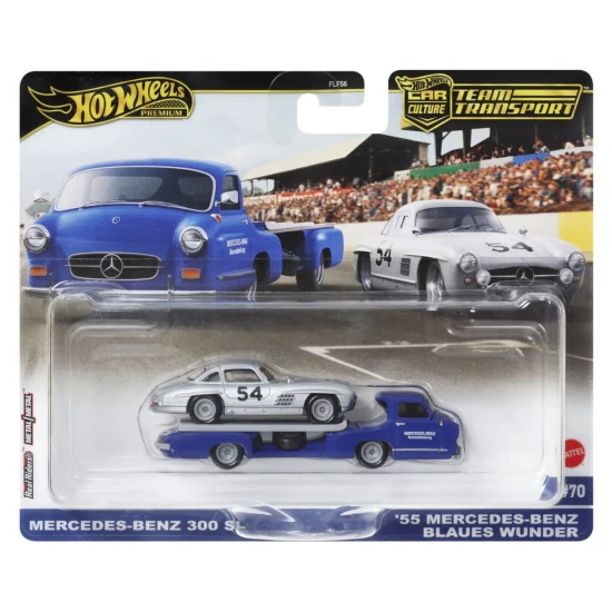 Transportator Hot Wheels Mercedes-Benz 55 Blaues Wunder cu masinuta Mercedes-Benz 300 SL scara 1:64 Transportator Hot Wheels Mercedes-Benz 55 Blaues Wunder cu masinuta Mercedes-Benz 300 SL scara 1:64
