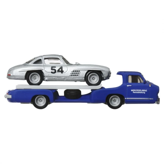 Transportator Hot Wheels Mercedes-Benz 55 Blaues Wunder cu masinuta Mercedes-Benz 300 SL scara 1:64 Transportator Hot Wheels Mercedes-Benz 55 Blaues Wunder cu masinuta Mercedes-Benz 300 SL scara 1:64